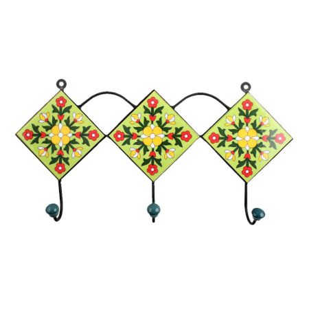 Lime Green Yellow Floral Tiles Hooks
